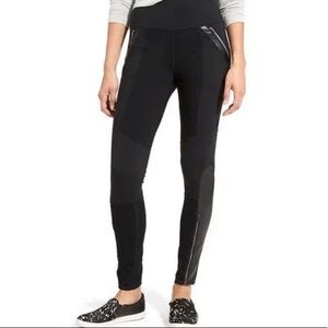 ATHLETA BLACK MOTO LEGGINGS WITH FAUX LEATHER ACCENTS AND ZIPPERS